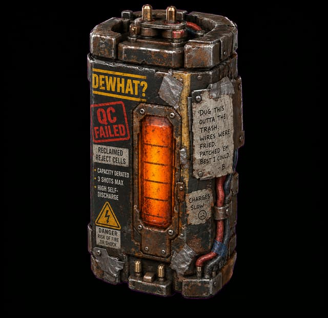 Salvaged DeWhat? power cell with QC FAILED marking and visible repairs