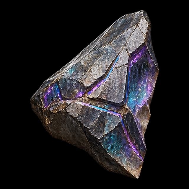 A small, pointed, triangular shard of dark grey stone with glowing violet and cyan crystalline seams